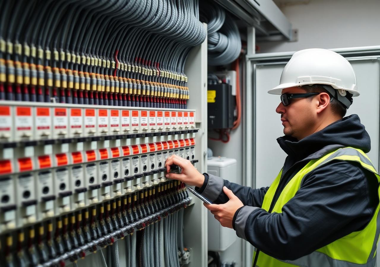 Technician inspecting an electrical distribution panel